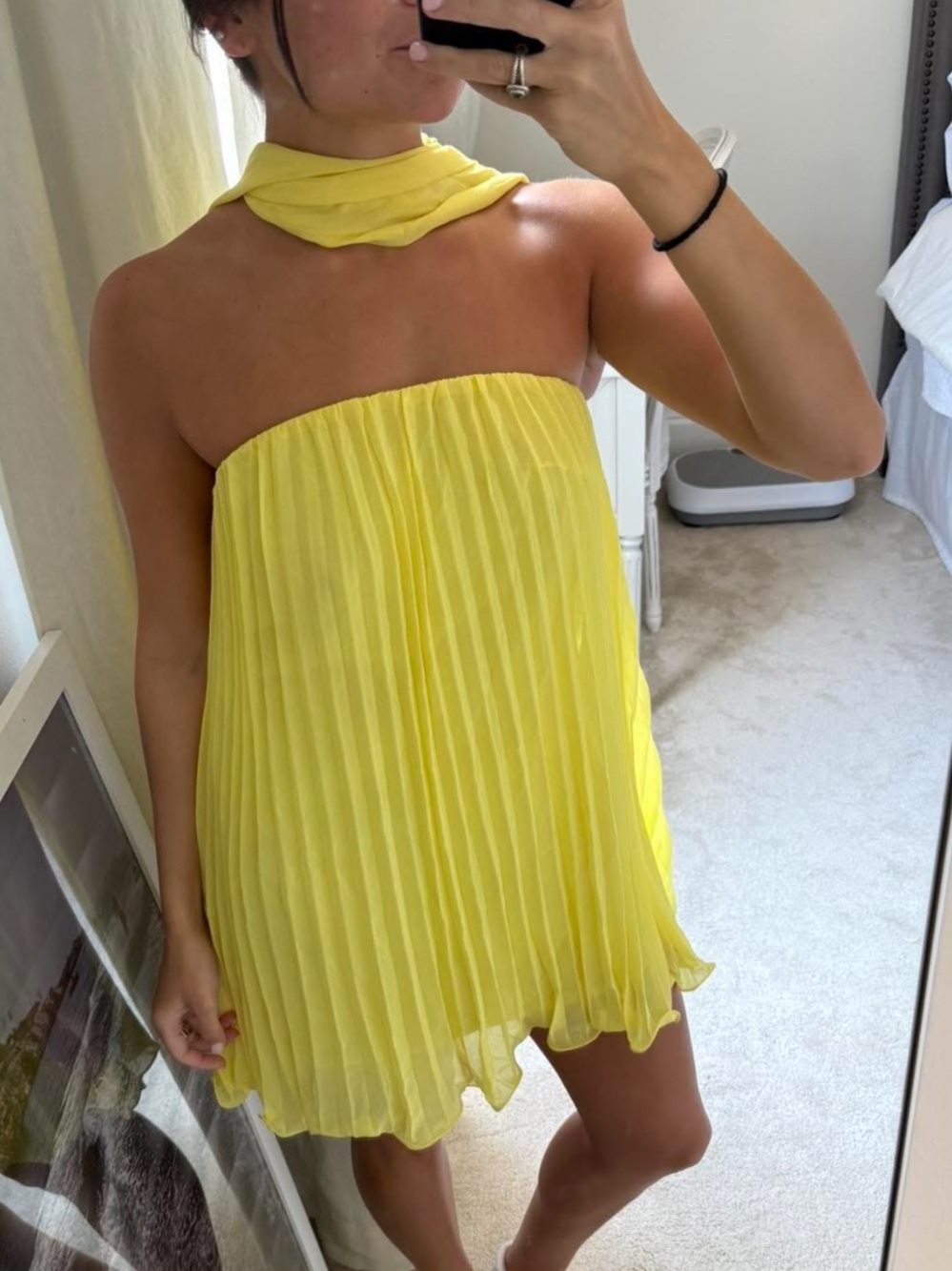 Sunny Yellow Pleated Strapless Mini Dress with Neck Scarf